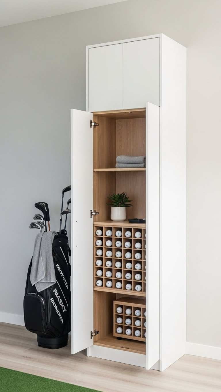 Golf Decor Ideas: 11 Ultimate Home Simulator Room Designs Smart Floor-To-Ceiling Golf Storage With Closed Doors For Equipment And Open Shelving For A Golf Ball Display.