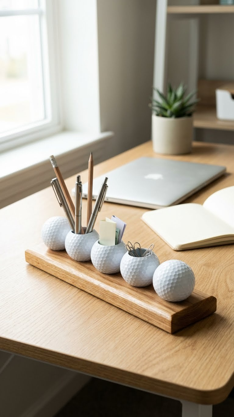 Golf Ball Crafts: 7 Unique Diy Gifts For Your Boyfriend Smart Golf Ball Desk Organizer Holding Pens, Pencils, And Paperclips On A Minimalist Wooden Desk With Bright Daylight.