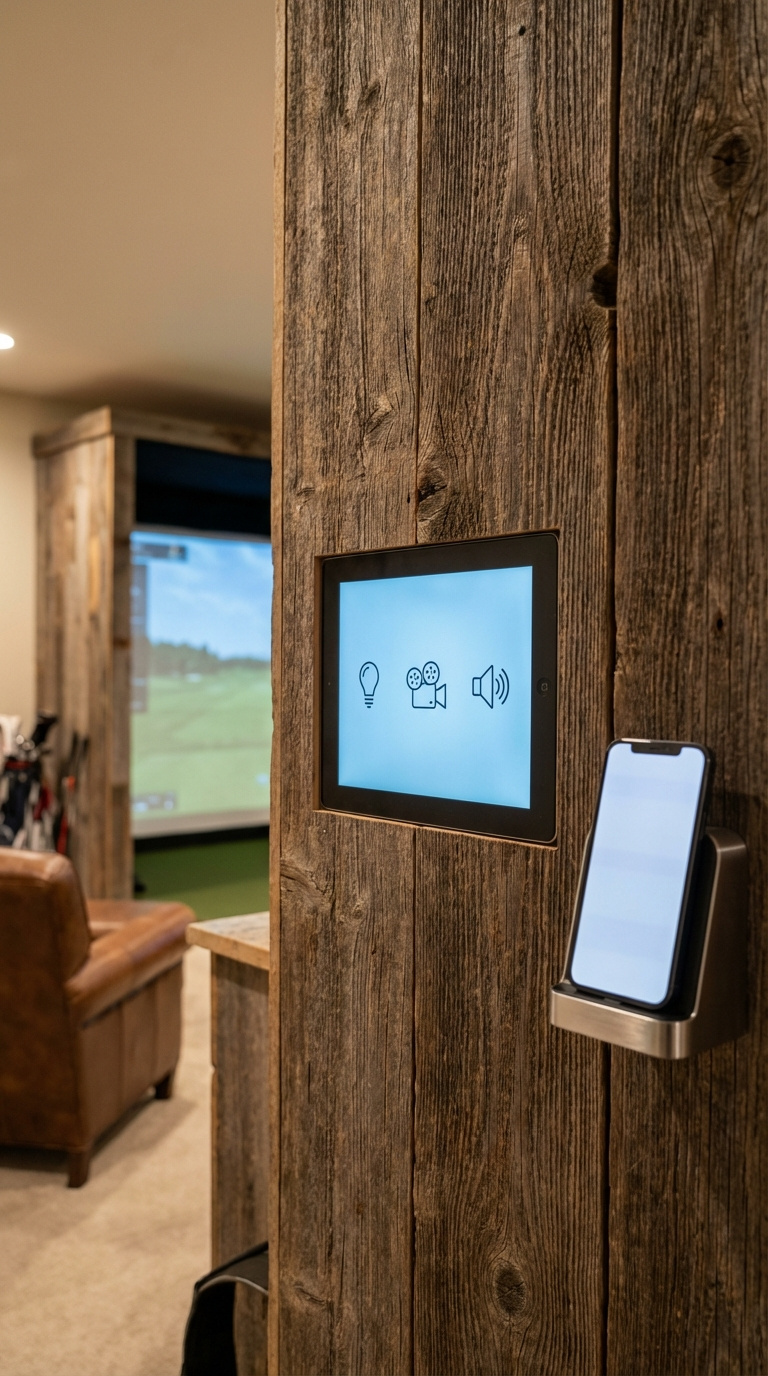 Rustic Golf Simulator Room: Expert Planning &Amp; Design Smart Home Control Panel Integrated Flush Into Reclaimed Wood Wall Of Rustic Golf Simulator Room