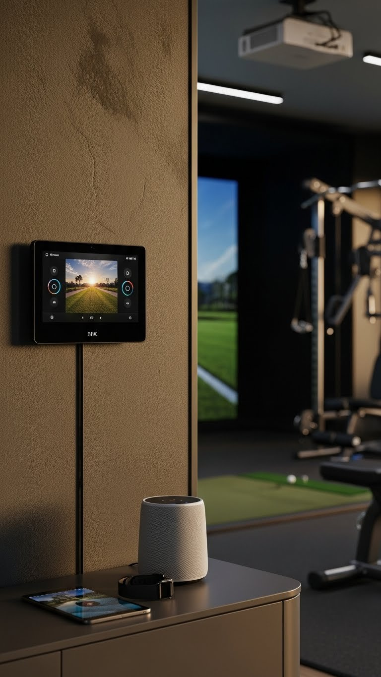 Smart Technology Integration In Golf Simulator Room Featuring Touchscreen Control Panel And Voice-Activated Speaker For Automated Home Gym Experience.