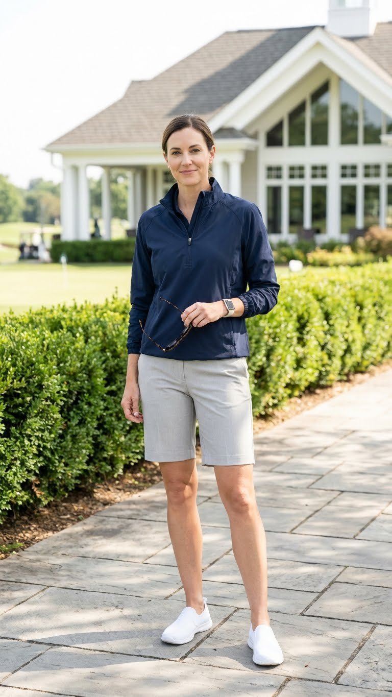 Smiling Woman In Light Gray Bermuda Shorts And Navy Sport Pullover By A Golf Clubhouse, Showcasing Athletic Summer Golf Style.