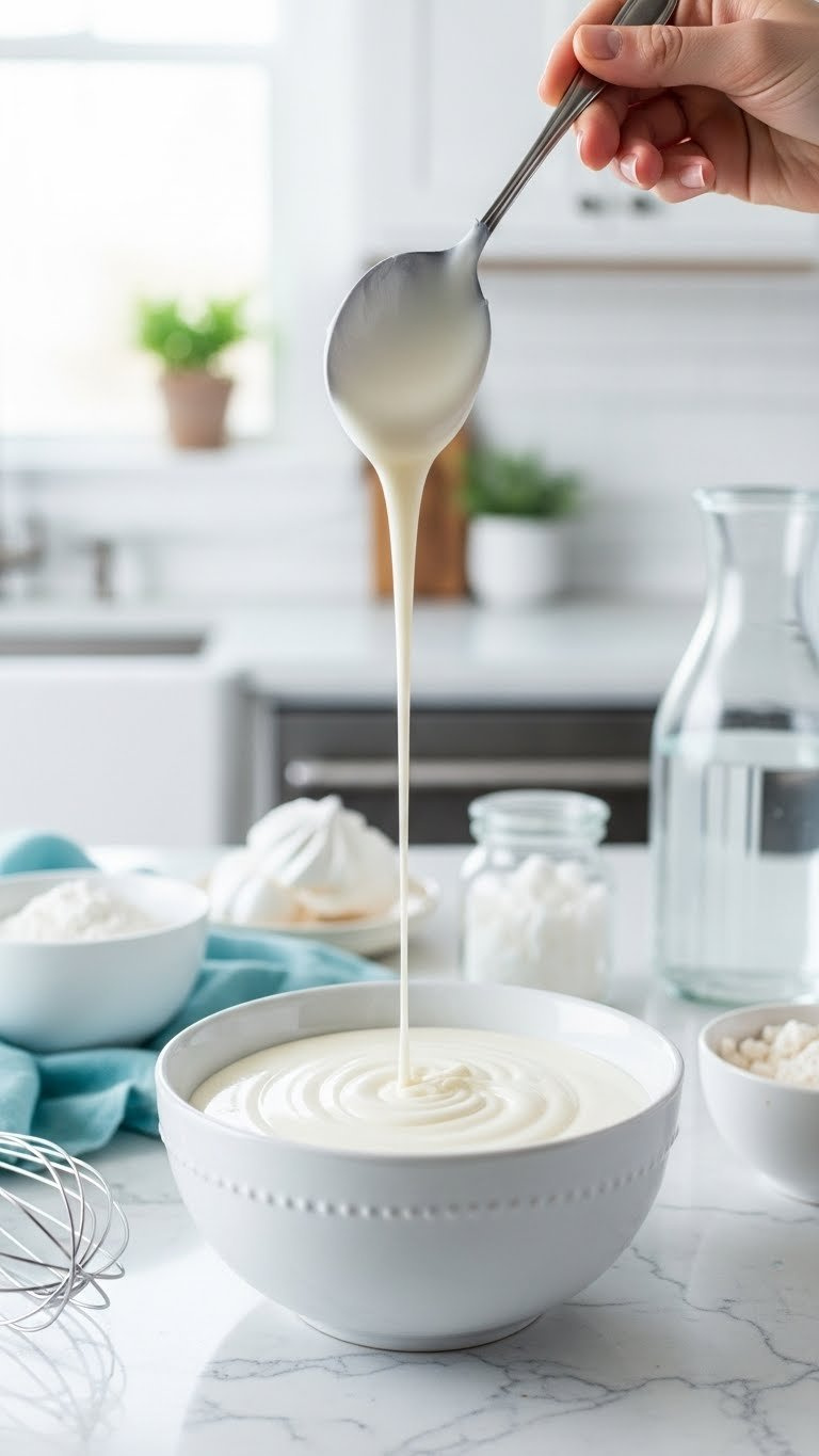 Smooth White Royal Icing In Ceramic Bowl Showing Perfect Flood Consistency For Cookie Decorating