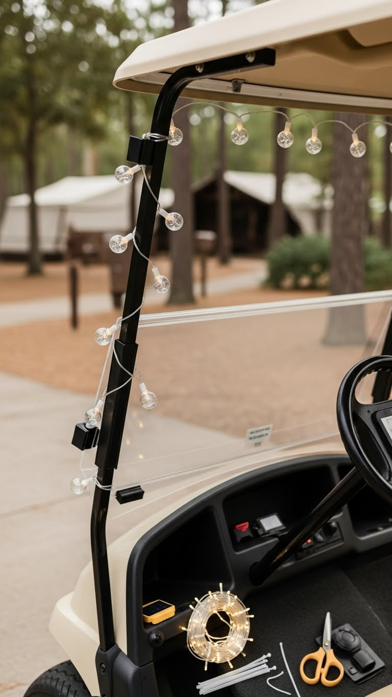Solar-Powered Led String Lights On Disney Golf Cart Canopy With White Zip Ties At Fort Wilderness Campsite