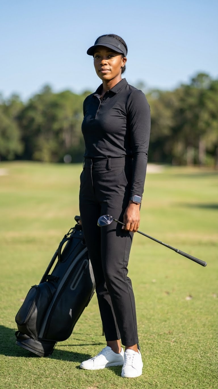 Sophisticated Black Woman In A Sleek All-Black Golf Ensemble Of Pants And Polo Stands Confidently On A Manicured Green.