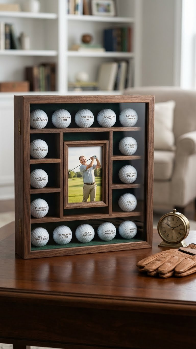 Golf Ball Crafts: 7 Unique Diy Gifts For Your Boyfriend Sophisticated Golf Ball Display Shadow Box Filled With Personalized Golf Balls And A Small Photo On A Dark Wood Table.