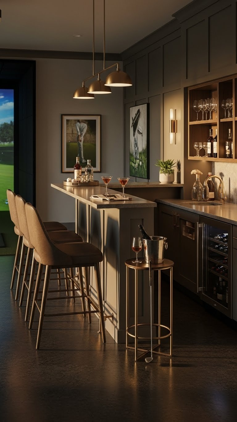 Sophisticated Golf Simulator Room Featuring Integrated Wet Bar With Stylish Stools And Amenities