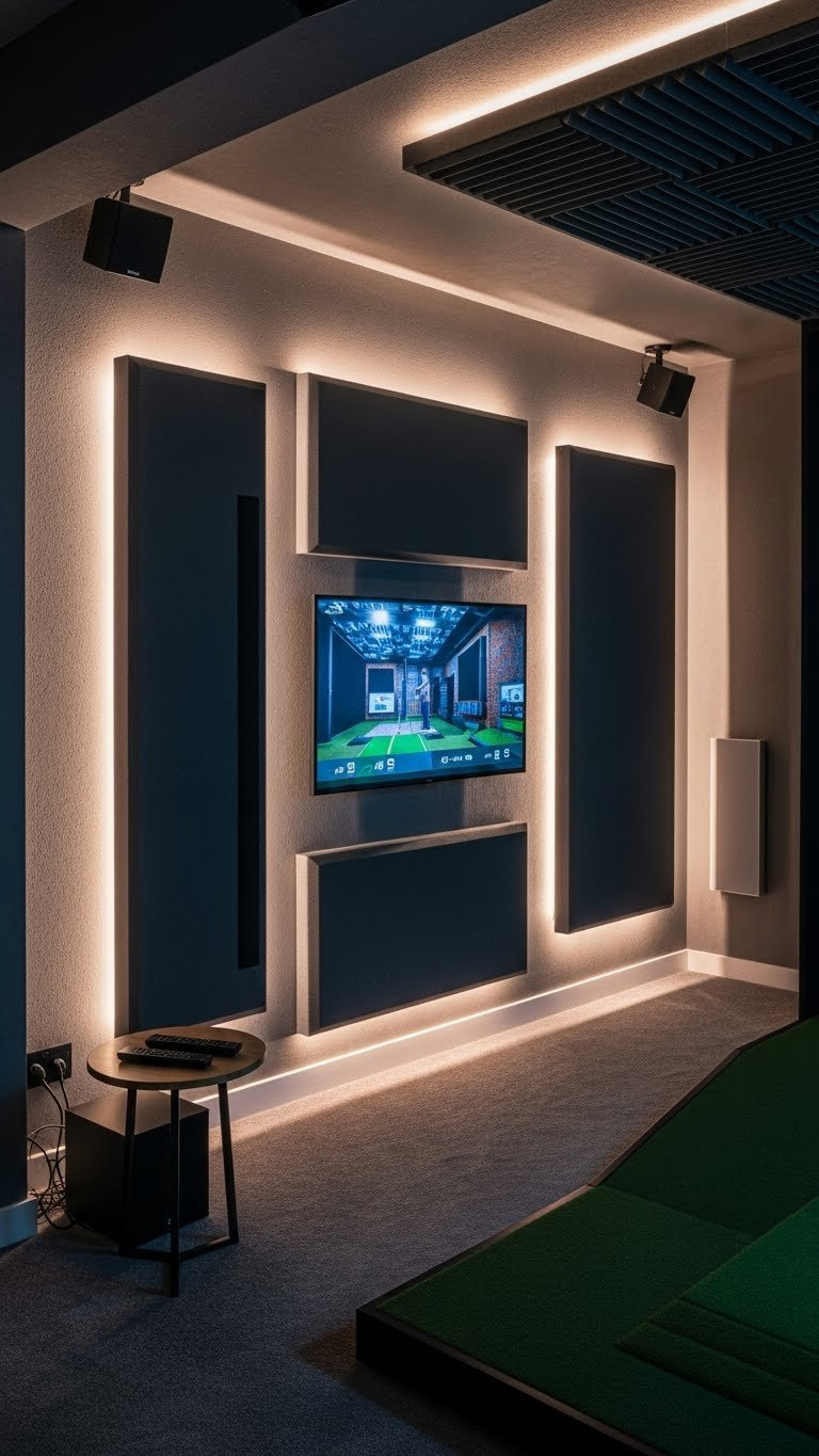 Sophisticated Golf Simulator Theater Room With Acoustic Diffusion Panels And Strategic Dmx Lighting Control System