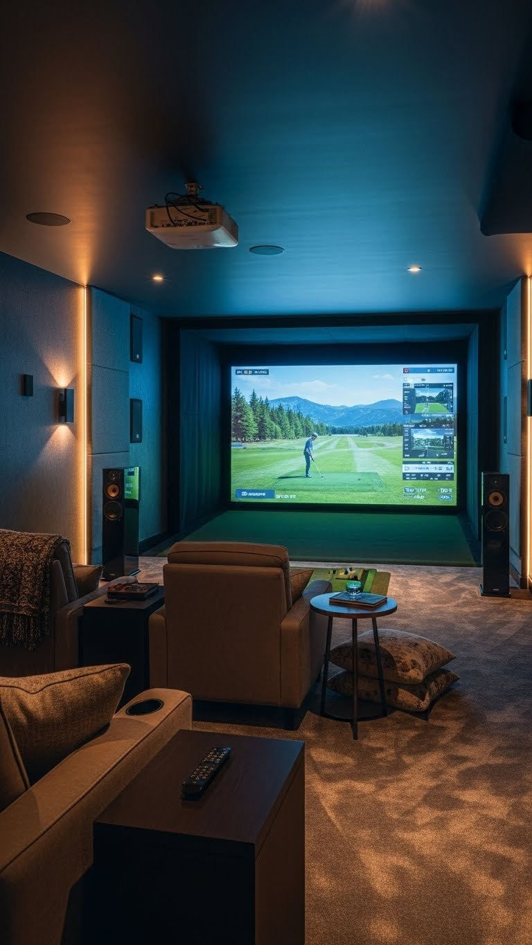 Sophisticated Home Theater Integrated With Golf Simulator Featuring 4K Projector And Plush Seating