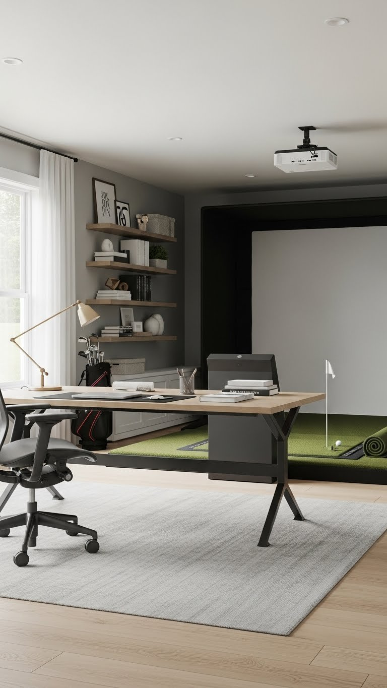 Sophisticated Multi-Functional Office Space With Integrated Golf Simulator, Professional Desk, And Ergonomic Chair Setup