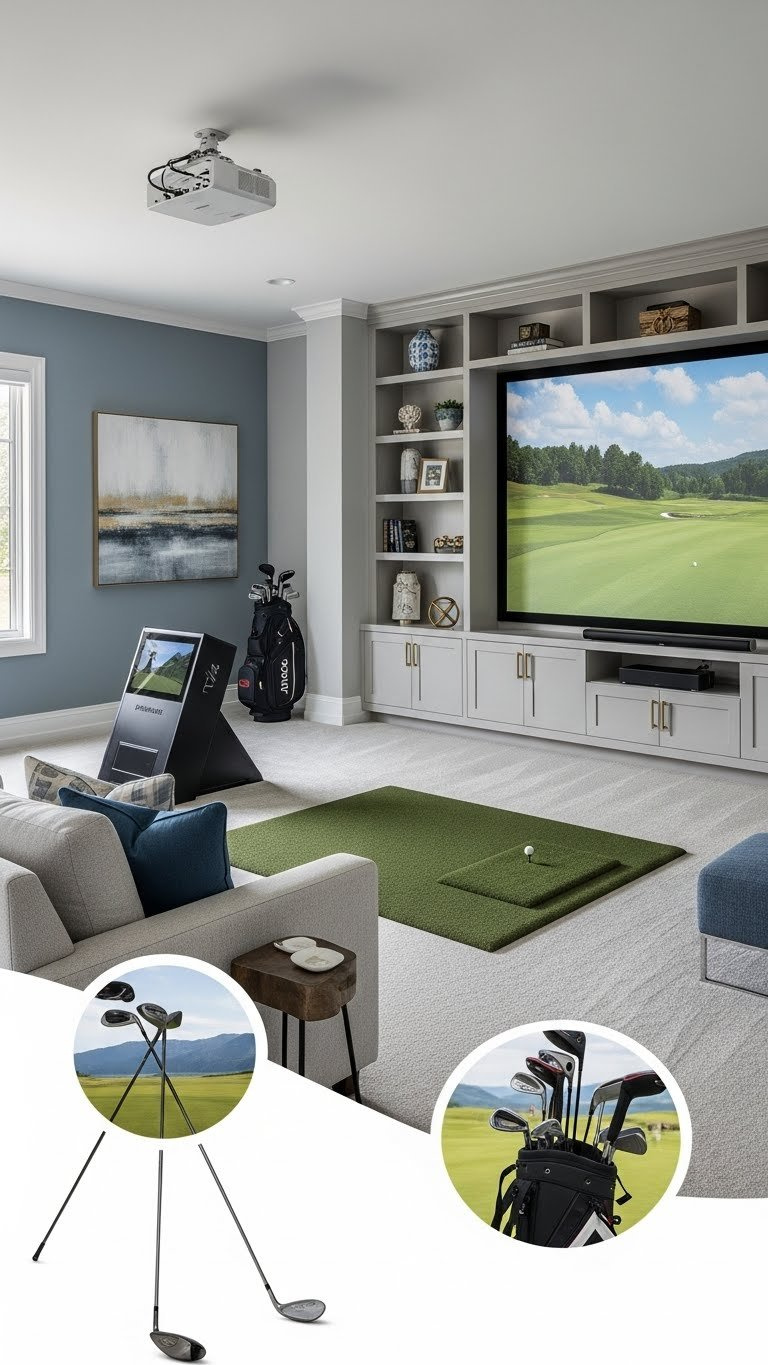 Sophisticated Multi-Purpose Media Room With Integrated Golf Simulator Screen, Comfortable Seating, And Elegant Minimalist Decor