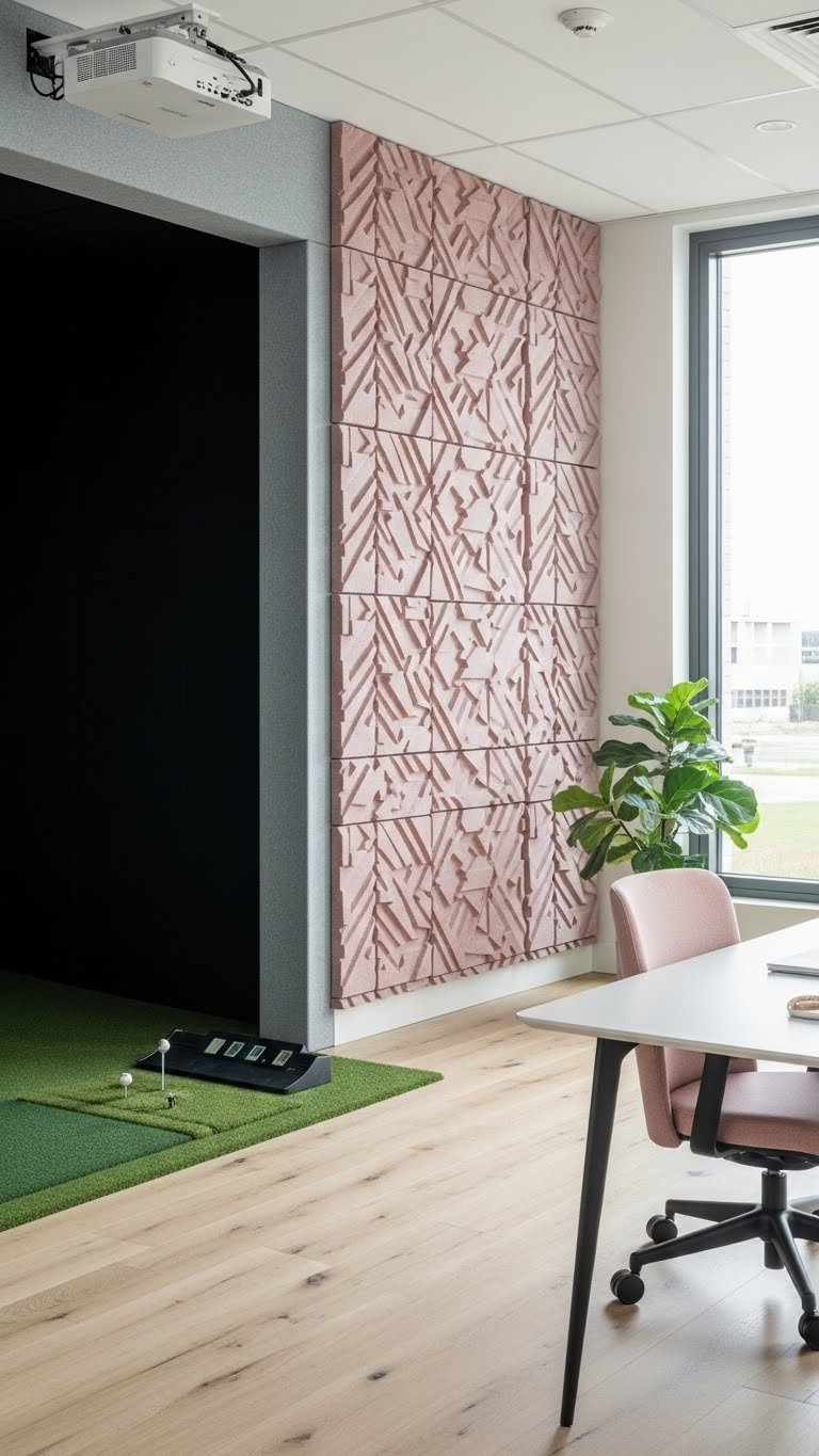 Sophisticated Office Interior With Geometric Acoustic Wall Panels And Subtle Golf Simulator Integration In Serene Lighting.