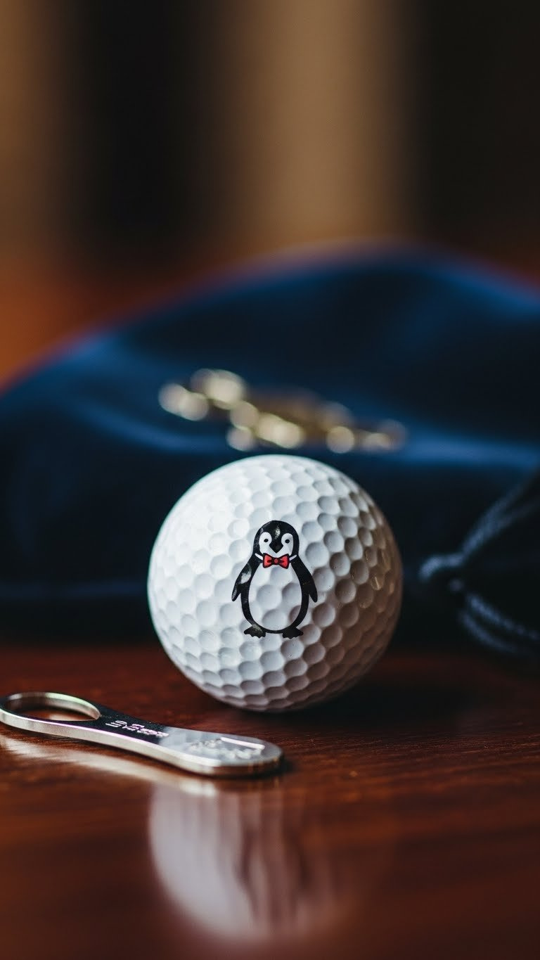 Sophisticated Penguin With Bow Tie Sharpie Design Golf Ball On Polished Dark Wood Surface