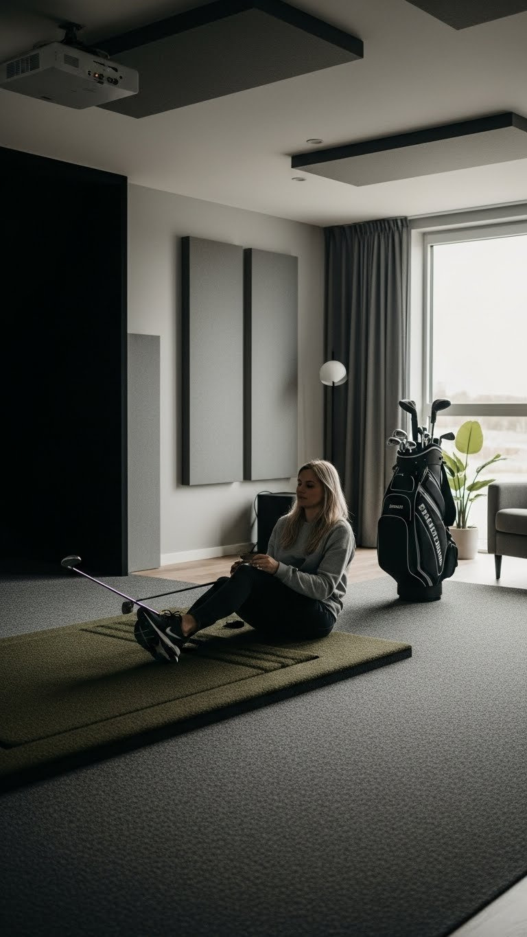 Sound-Treated Golf Simulator Room With Acoustic Wall Panels And Noise-Dampening Carpet For Optimal Audio