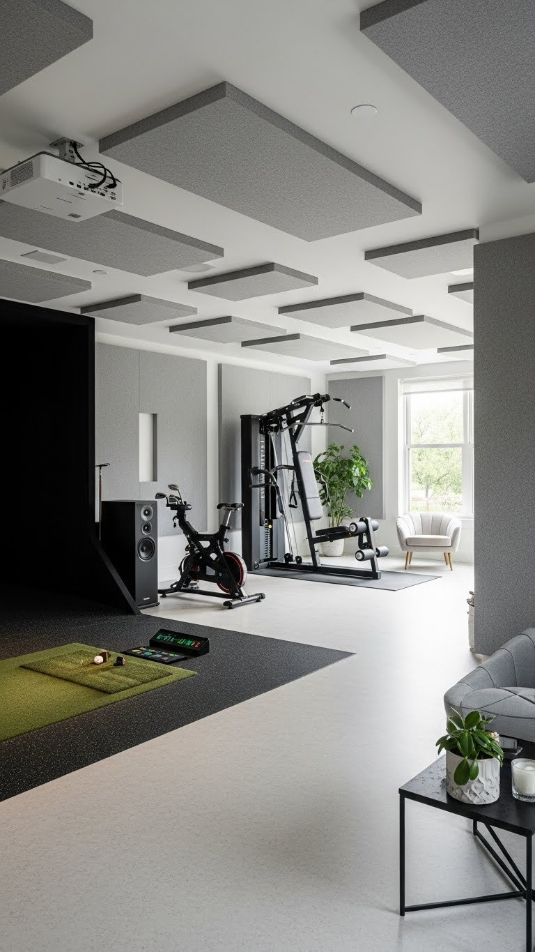Soundproofed Golf Simulator Room With Acoustic Panels Integrated Into Walls And Ceiling Creating Serene Environment For Quiet Operation.