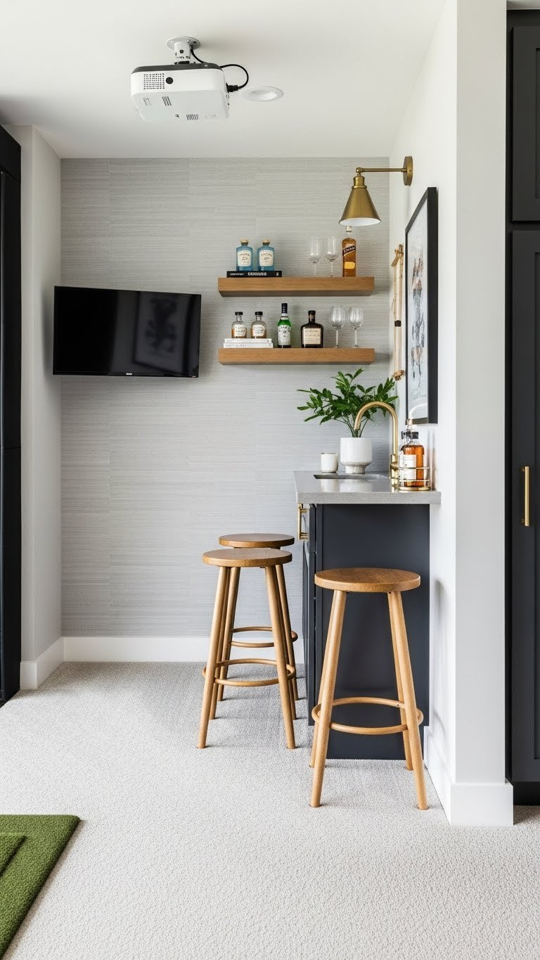 Space-Optimized Corner Golf Simulator Bar With L-Shaped Counter, Compact Seating, And Efficient Storage Solutions