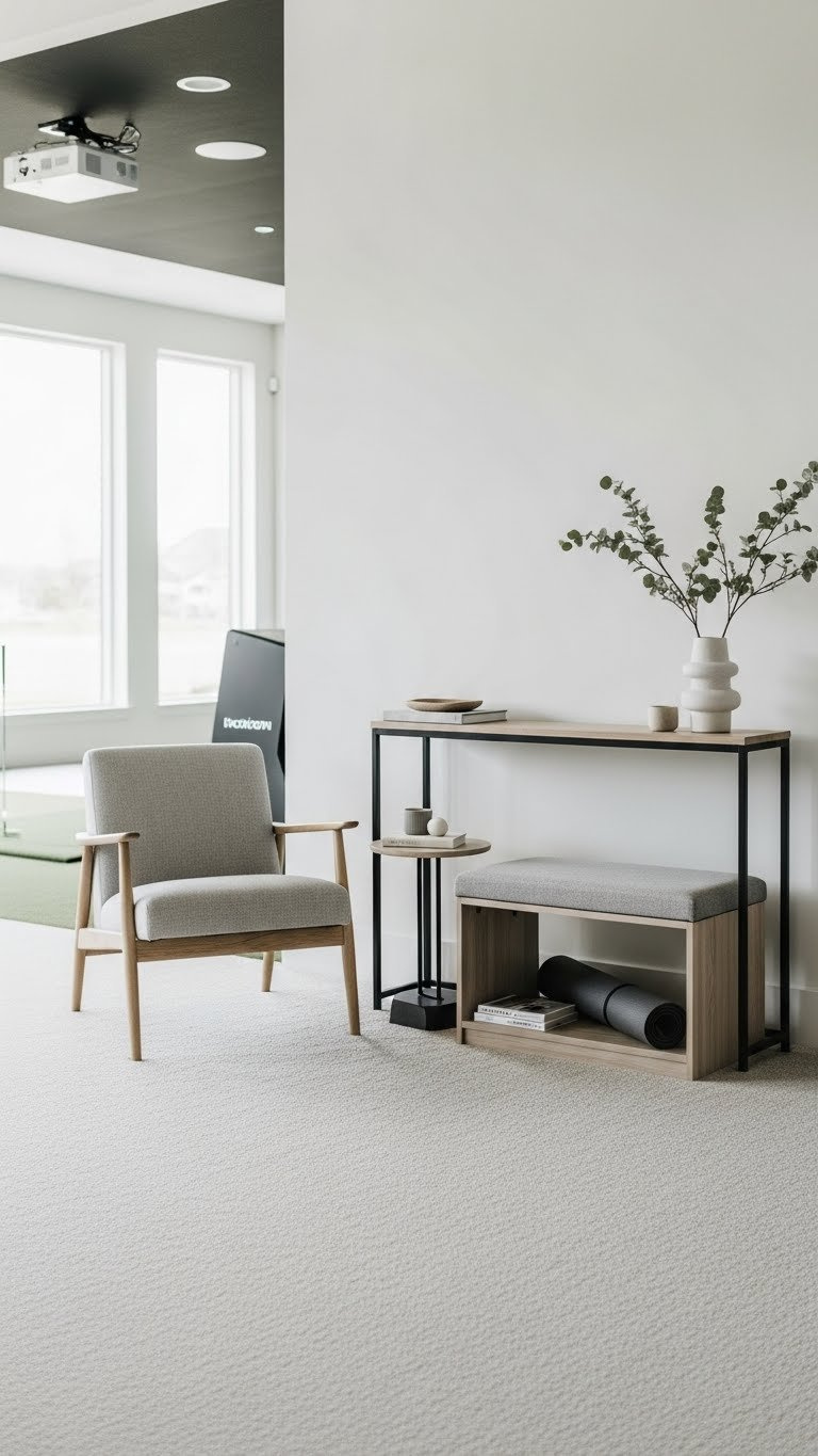 Space-Saving Minimalist Furniture In Golf Simulator Room Featuring Sleek Console Table, Compact Armchair, And Functional Bench Storage.