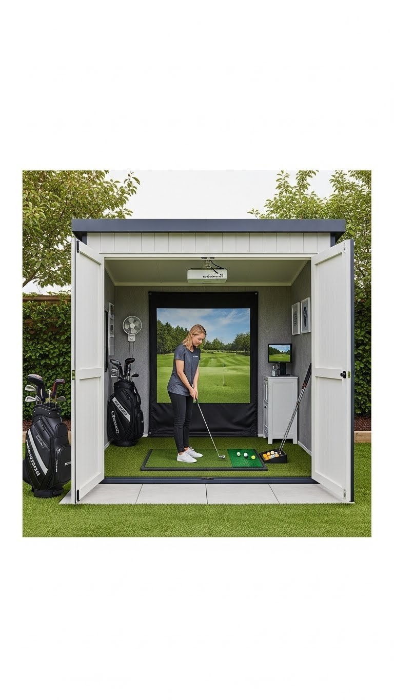 9 Essential Outdoor Golf Simulator Room Designs Space-Saving Outdoor Golf Simulator Shed With Crisp Impact Screen, Launch Monitor, Green Turf, And Neatly Arranged Golf Accessories.