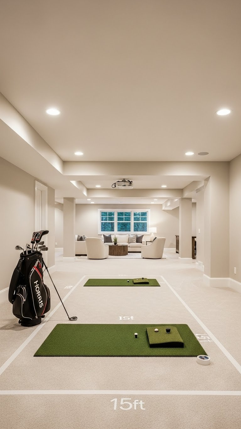 Spacious Basement Golf Simulator Layout With Painter'S Tape Marking 15-Foot Area And Golf Clubs