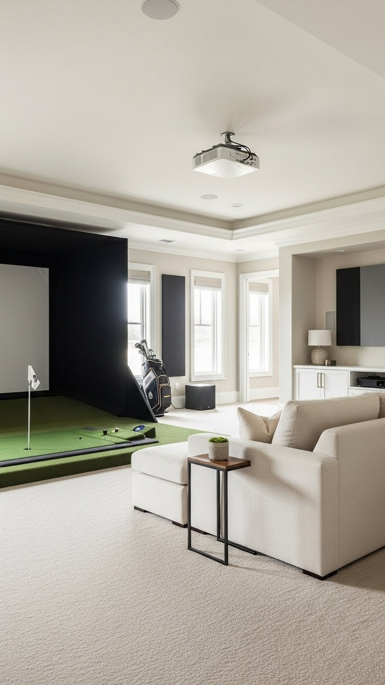 Spacious Dual-Purpose Golf Simulator Theater Room With Comfortable Seating And Impact Screen In Warm Cream And Gray Color Scheme