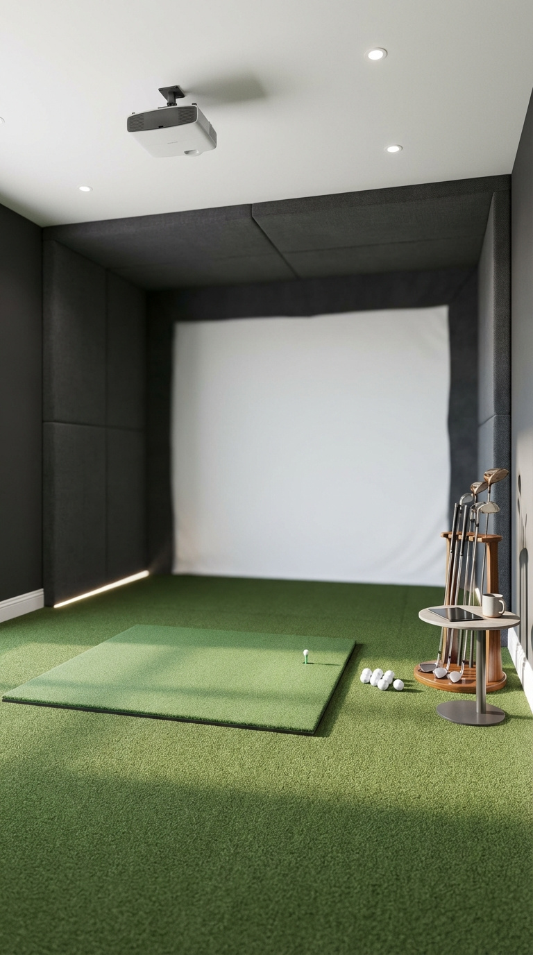 Golf Simulator Room Layout Guide For Perfect Space Planning Spacious Home Golf Simulator Room With Premium Hitting Mat, Ceiling-Mounted Projector, And Sleek Golf Bag Stand In Minimalist Charcoal Gray Design