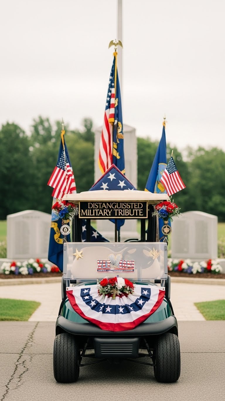 Sparkling Golf Cart Covered In Red White Blue Tinsel Garlands And Glitter Star Cutouts On Sunny Promenade