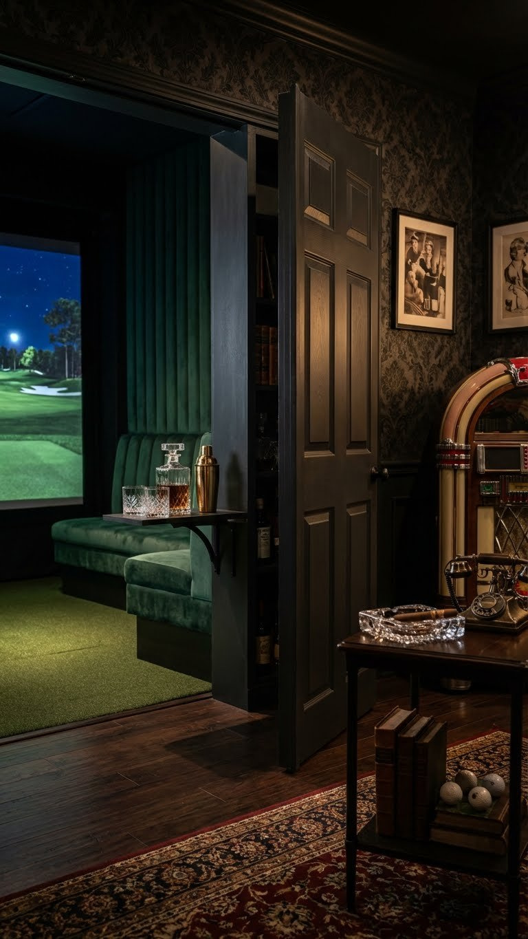 Speakeasy-Inspired Golf Simulator With A Velvet Banquette, Vintage Bar, And A Classic Golf Course On Screen.