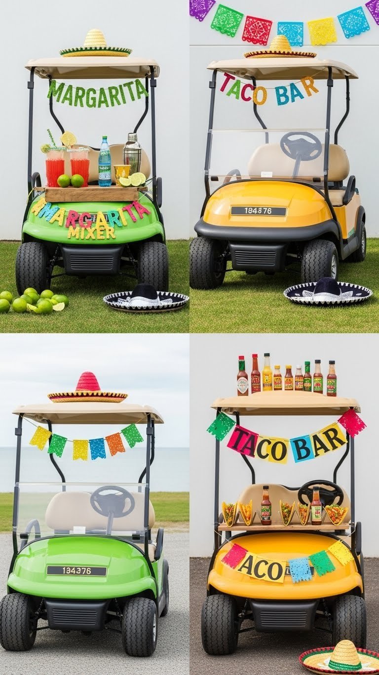 Split Image Showcasing Margarita Mixer And Taco Bar Themed Golf Carts With Festive Cinco De Mayo Decorations