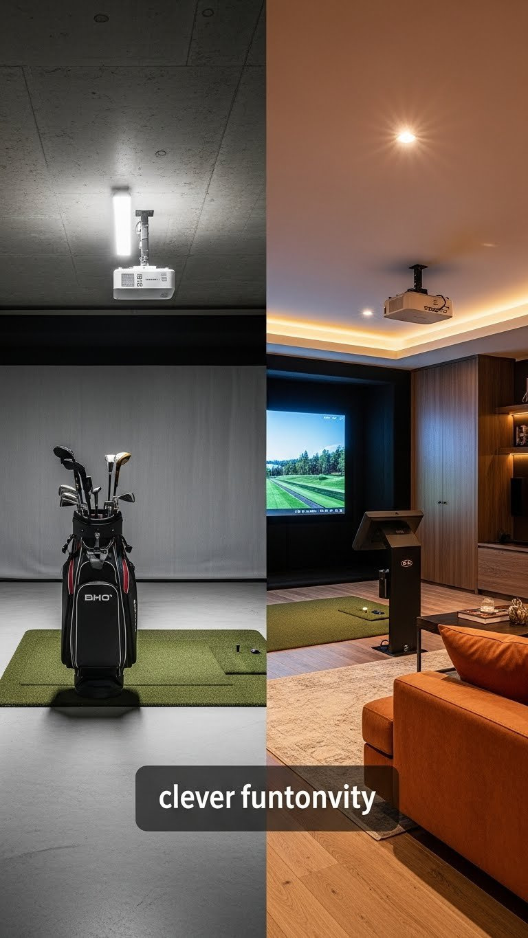 Split-Screen Comparison Of Compact Garage Golf Simulator Versus Spacious Basement Entertainment Room