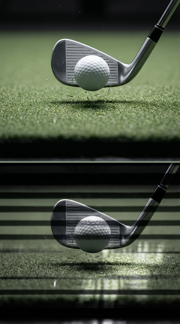 Golf Simulator Room Lighting Complete Guide For Perfect Setup Split View Demonstrating High-Speed Camera Flicker Banding Effect During Golf Club Impact
