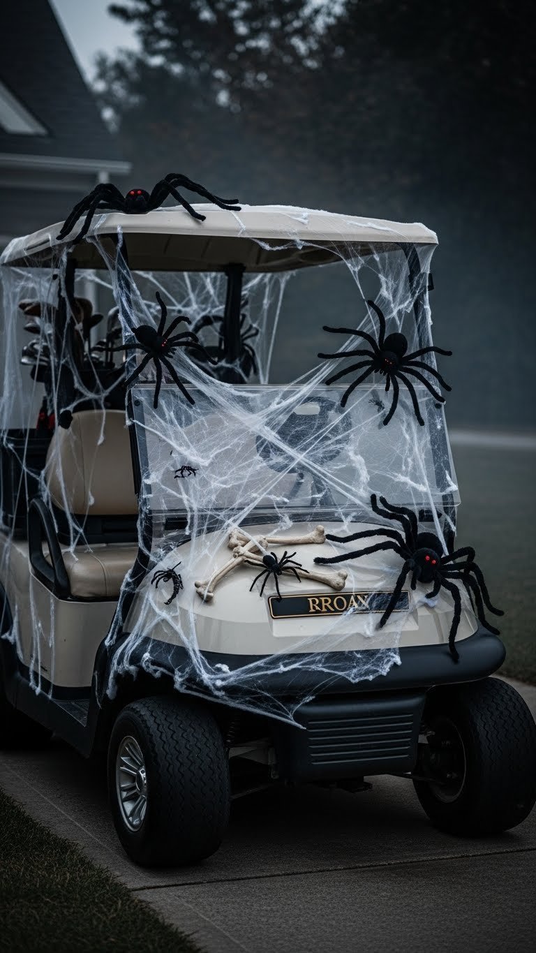 Spooky Halloween Golf Cart Covered In White Spider Webs With Large Black Spiders And Red Glowing Eyes Against A Dark Driveway Background.