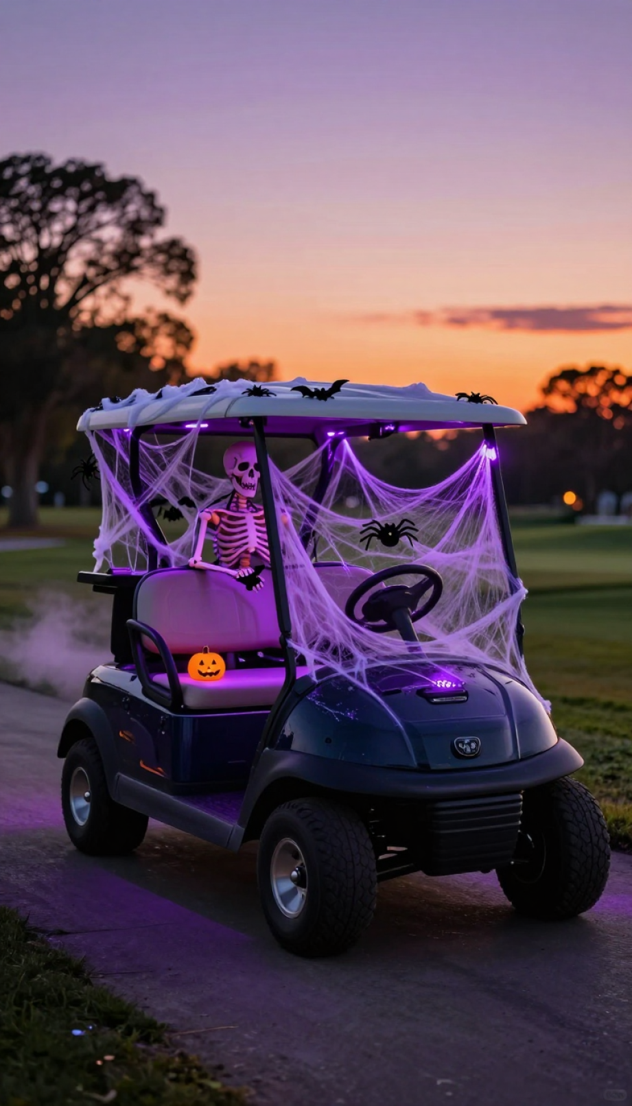Spooky Halloween-Themed Golf Cart With Faux Cobwebs, Purple Led Lights, And Skeletal Driver Figure At Dusk