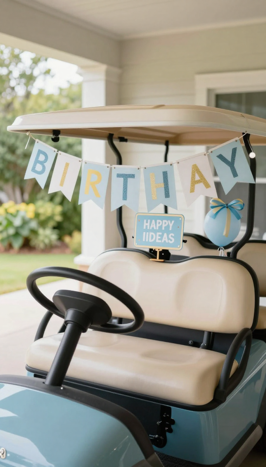 Sports Fanatic-Themed Golf Cart Decorated With Team Colors, Jerseys, And Pennants For A Birthday Celebration.