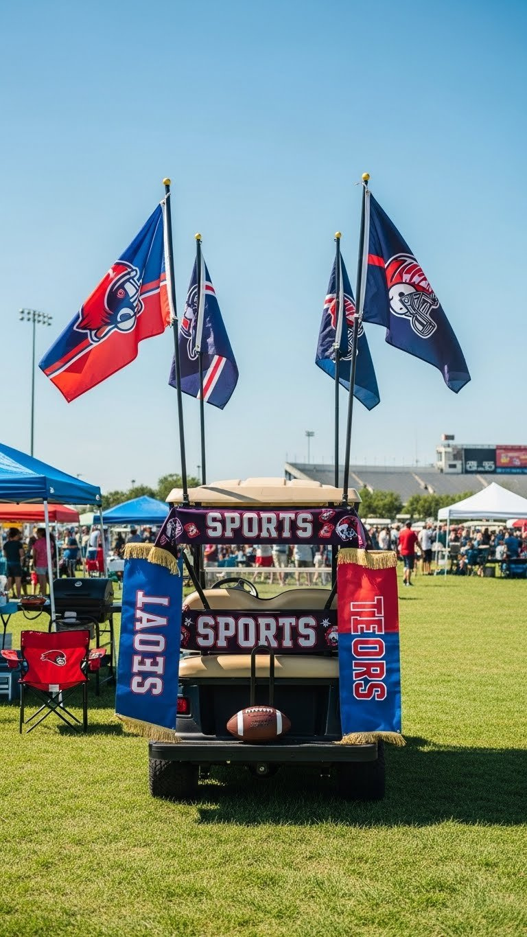 Sports Golf Cart Adorned With Flying Team Flags And Weather-Resistant Banners At Tailgate Field Event