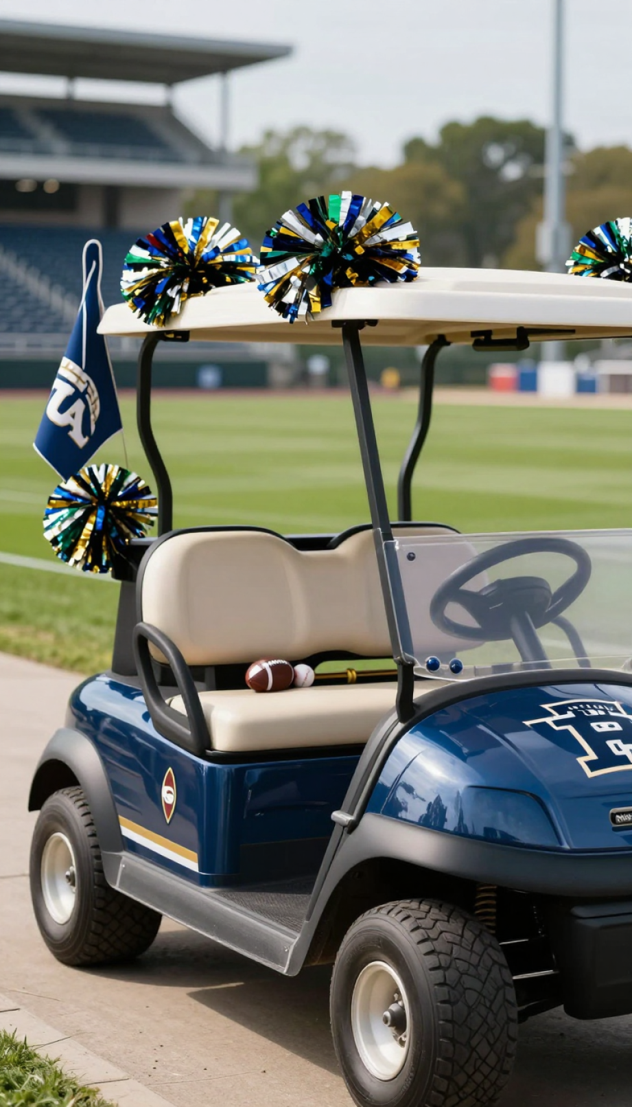 Sports Team-Themed Golf Cart Displaying Team Colors, Flags, And Pom-Poms With Stadium Backdrop