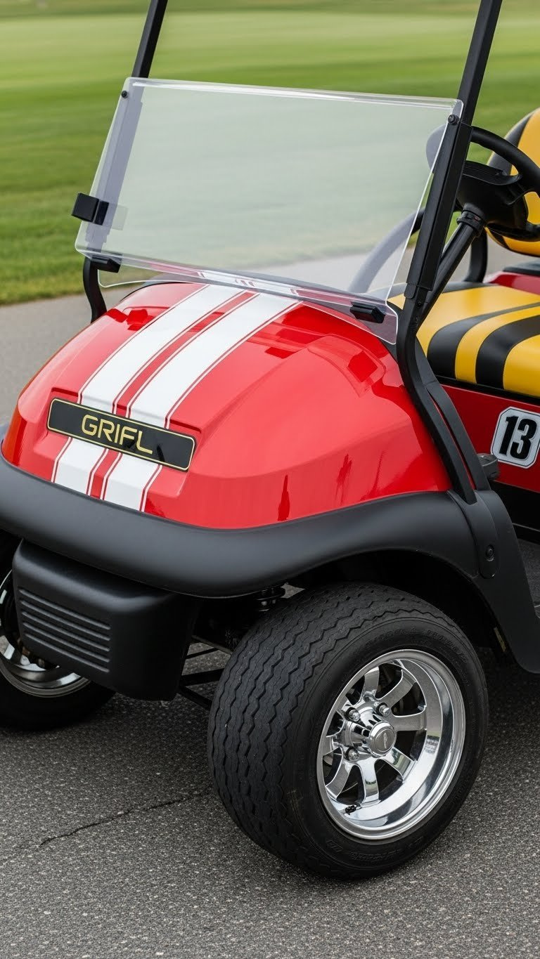 Sporty Golf Cart With Bold Racing Stripes Vinyl Wrap On Asphalt Track With Chrome Wheels