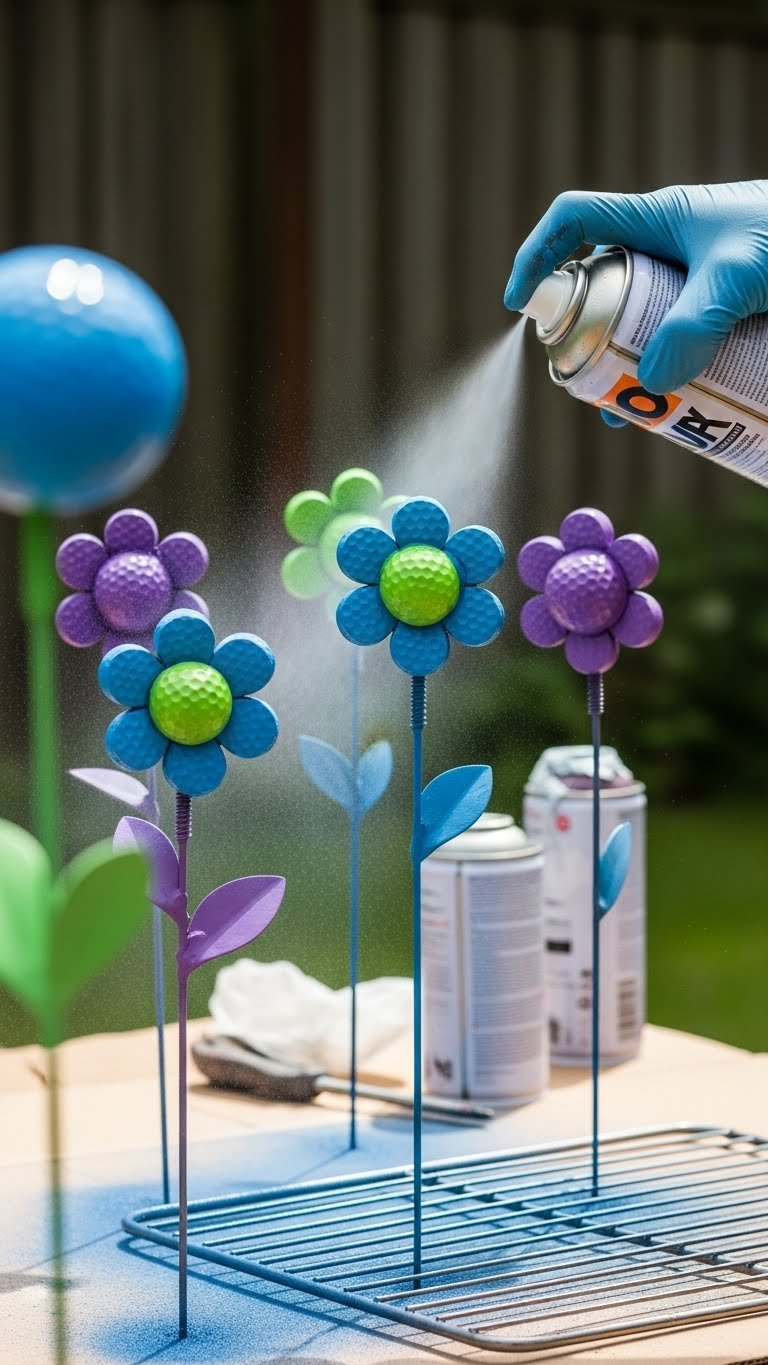 Spray Painting Completed Golf Ball Flowers Suspended On Wires Outdoors With Visible Paint Mist And Safety Equipment