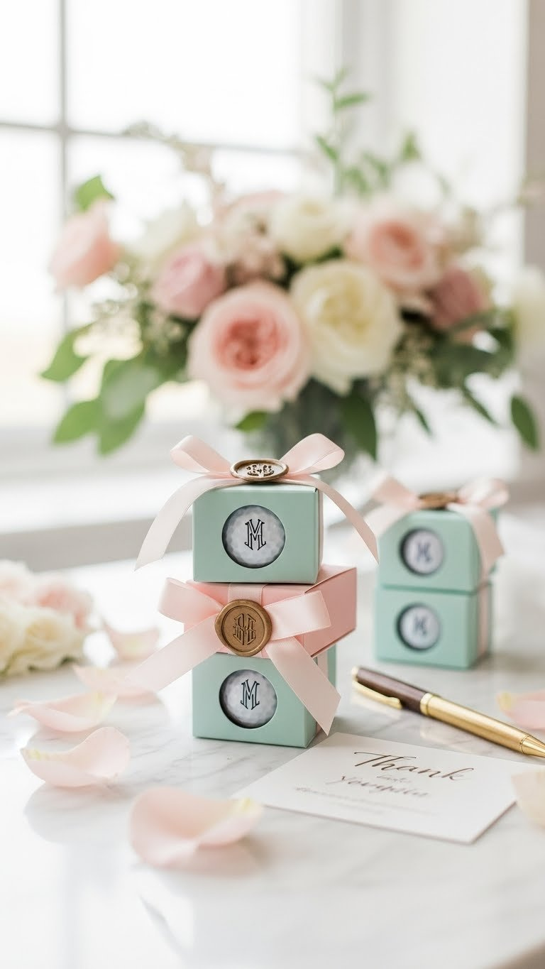 Stack Of Elegant Pastel Wedding Favor Boxes With Monogram Embossing And Satin Ribbons On Marble Countertop.