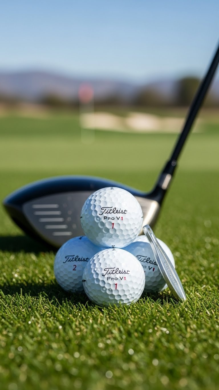 Stack Of Three Premium Titleist Pro V1 Golf Balls Resting On Manicured Green Turf With Morning Dew