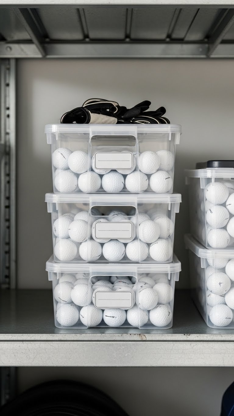 Golf Ball Storage Ideas: Top 9 Ways To Organize &Amp; Protect Stackable Clear Plastic Storage Bins Filled With Neatly Arranged Golf Balls On Metal Garage Shelving Unit