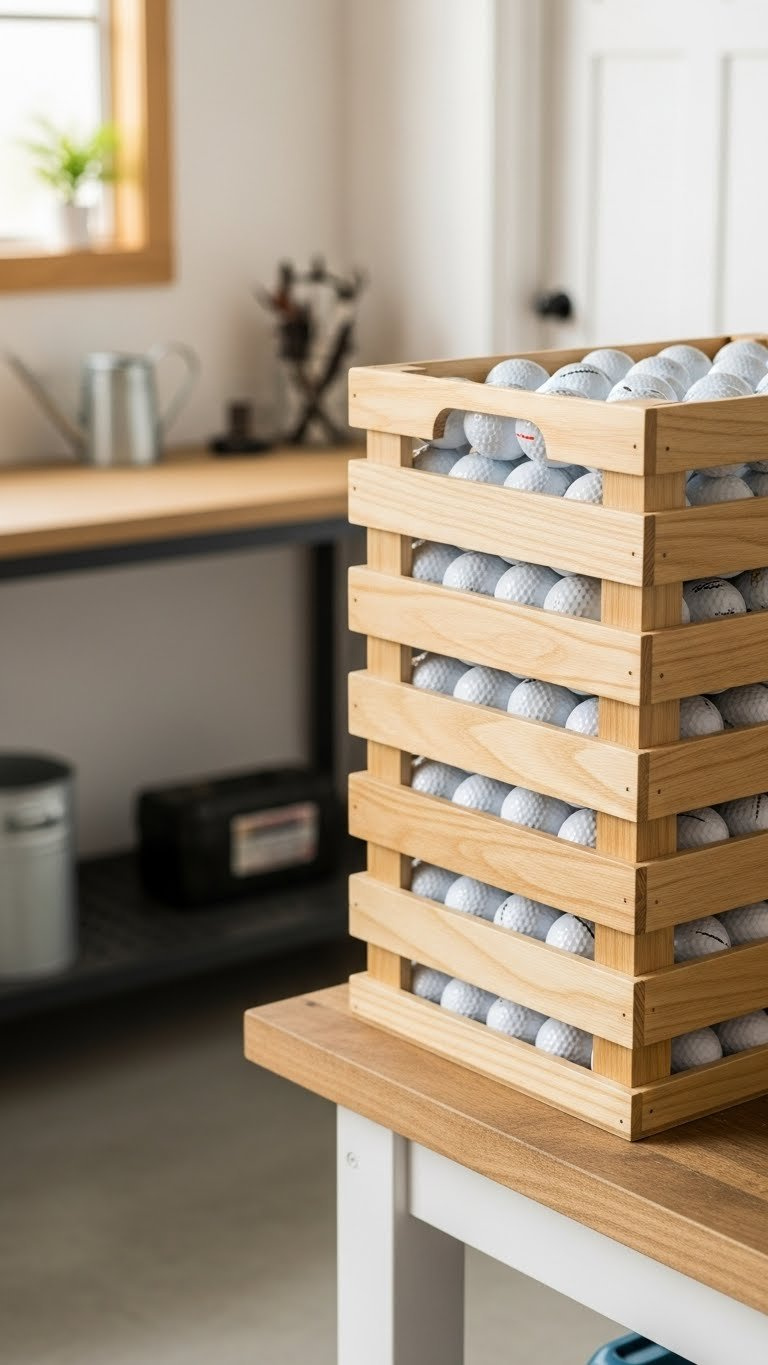 Stackable Wooden Golf Ball Storage Crate For Garage Organization With Space-Saving Design Holding Multiple Balls.