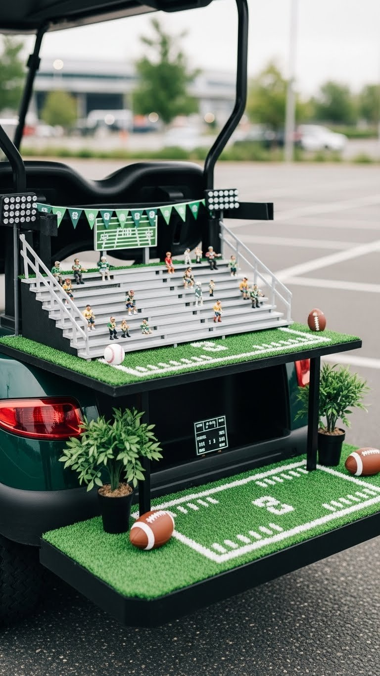 Stadium-Themed Golf Cart Rear Featuring Miniature Bleachers And Artificial Turf On Tailgating Lot Background