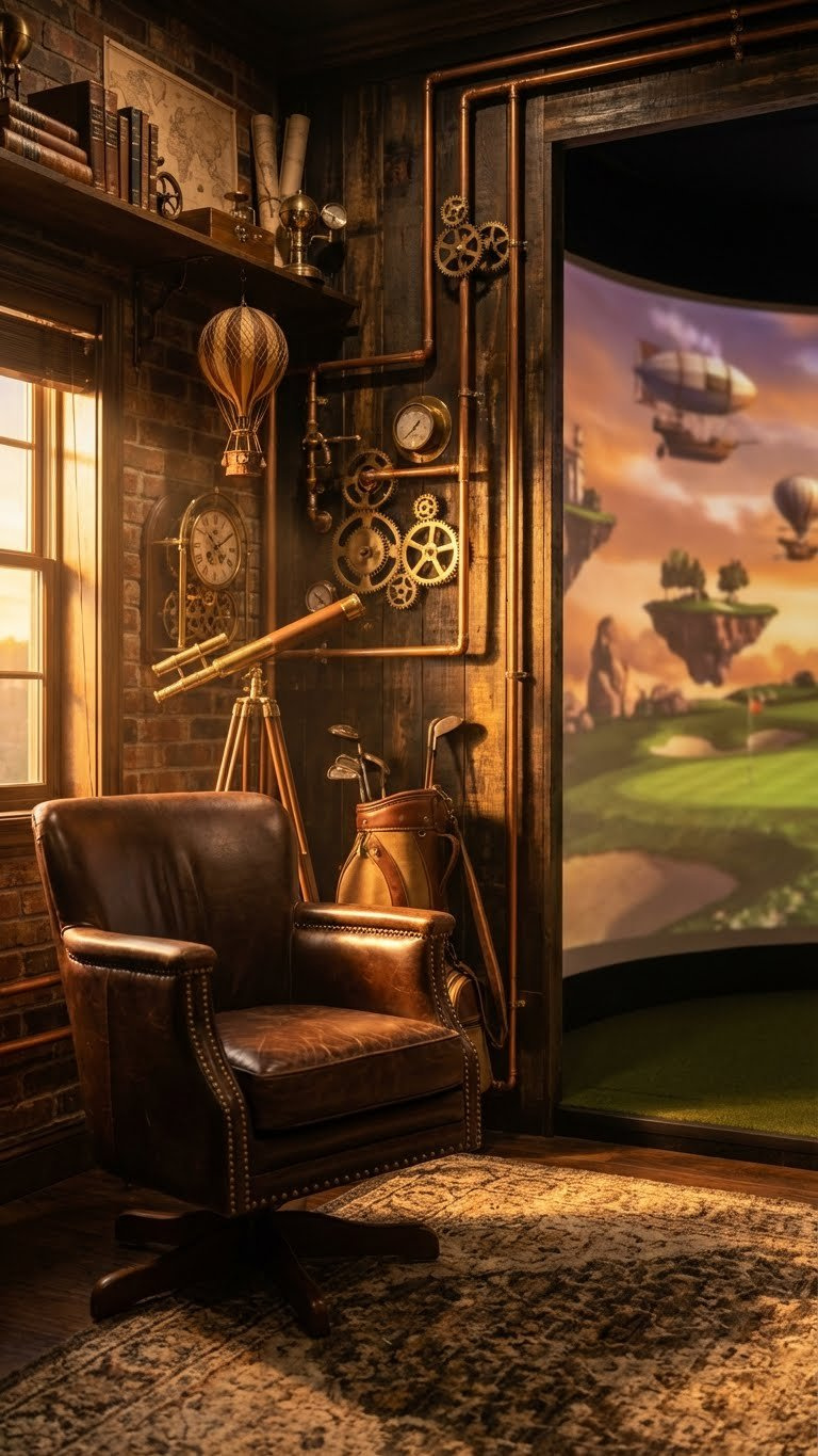 Steampunk Golf Simulator Featuring Copper Pipes, Gears, Leather Chair, And A Fantastical Golf Course Display.