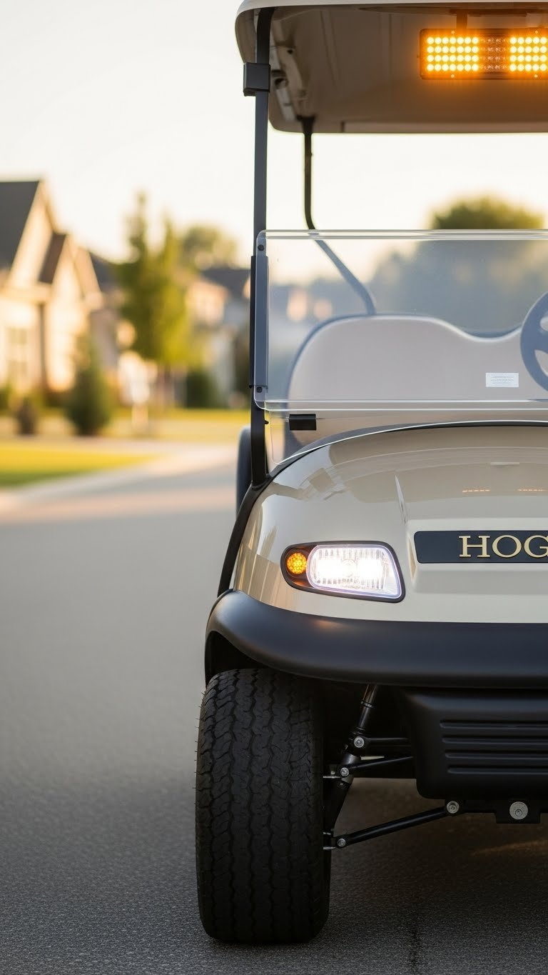 Street Legal Golf Cart With Illuminated Headlights And Turn Signals Parked On Residential Street At Golden Hour