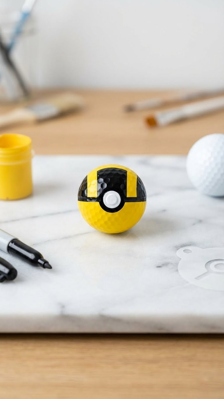 Golf Ball Crafts Pokemon: 7 Easy Diy Ideas For Kids &Amp; Fans Striking Custom Ultra Ball Golf Ball, Black And Yellow With 'H' Markings, On A White Marble Counter With Paint And A Marker.