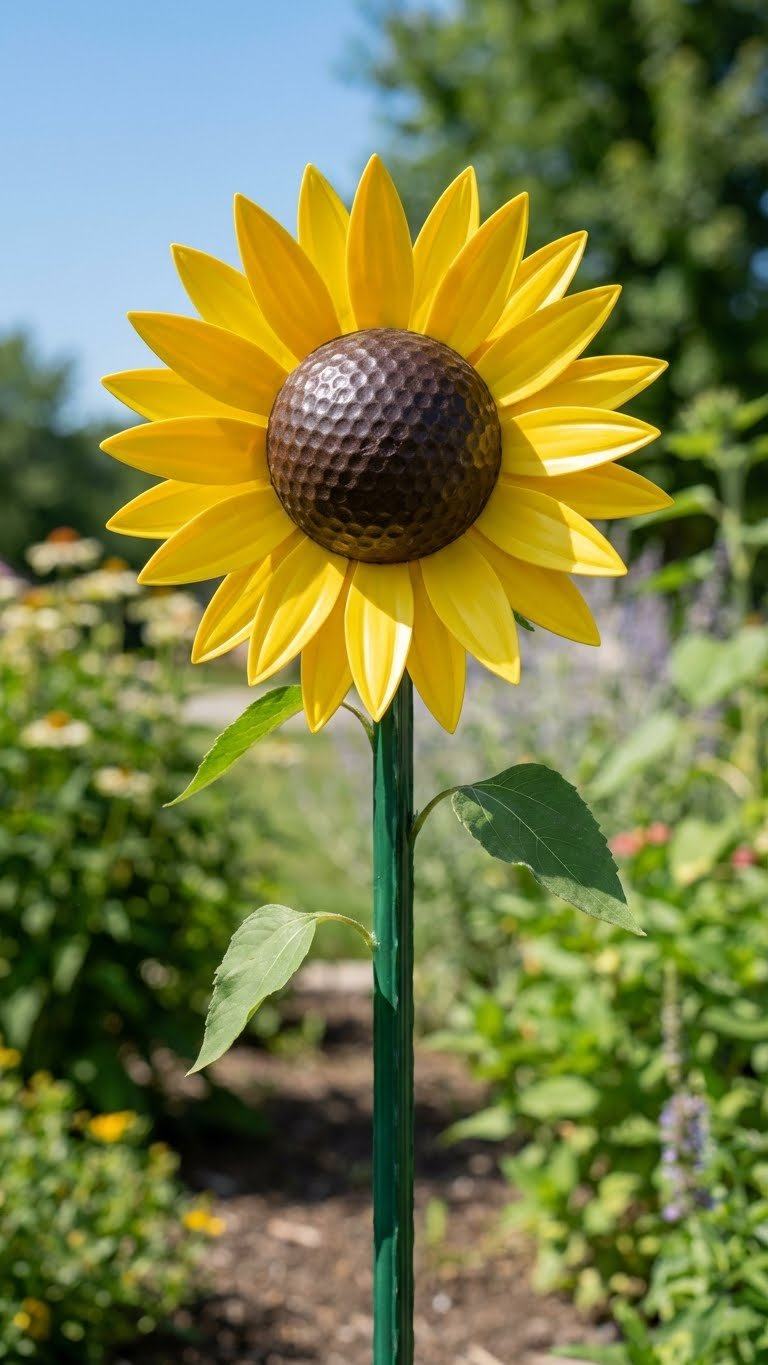 Striking Golf Ball Sunflower Garden Stake With A Brown Golf Ball Center And Vibrant Yellow Petals, Standing Outdoors In A Sunlit Garden.