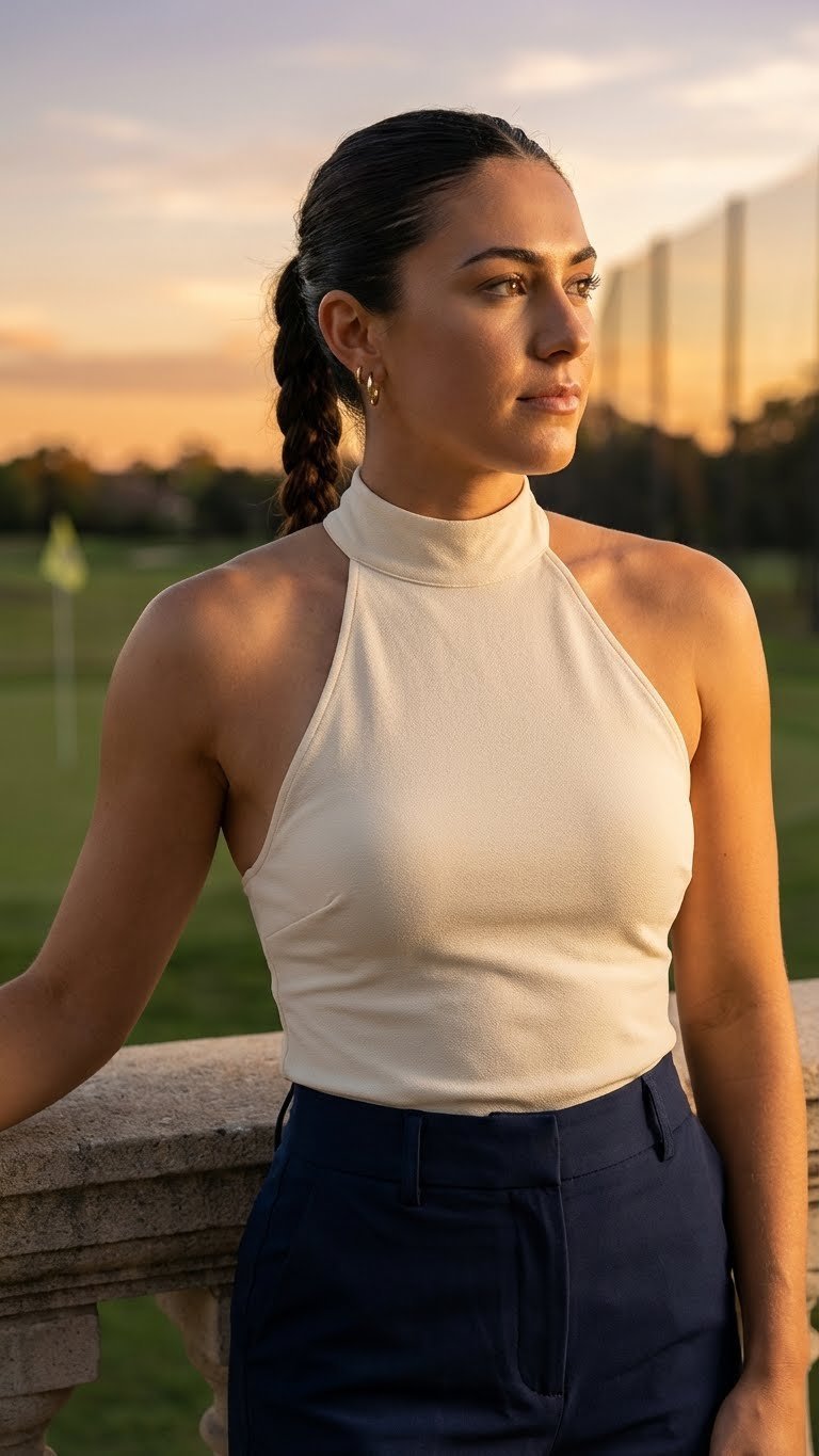 Stylish Y2K Female Golfer In High-Neck Halter Top, High-Waisted Golf Trousers, Gold Earrings At Sunset.