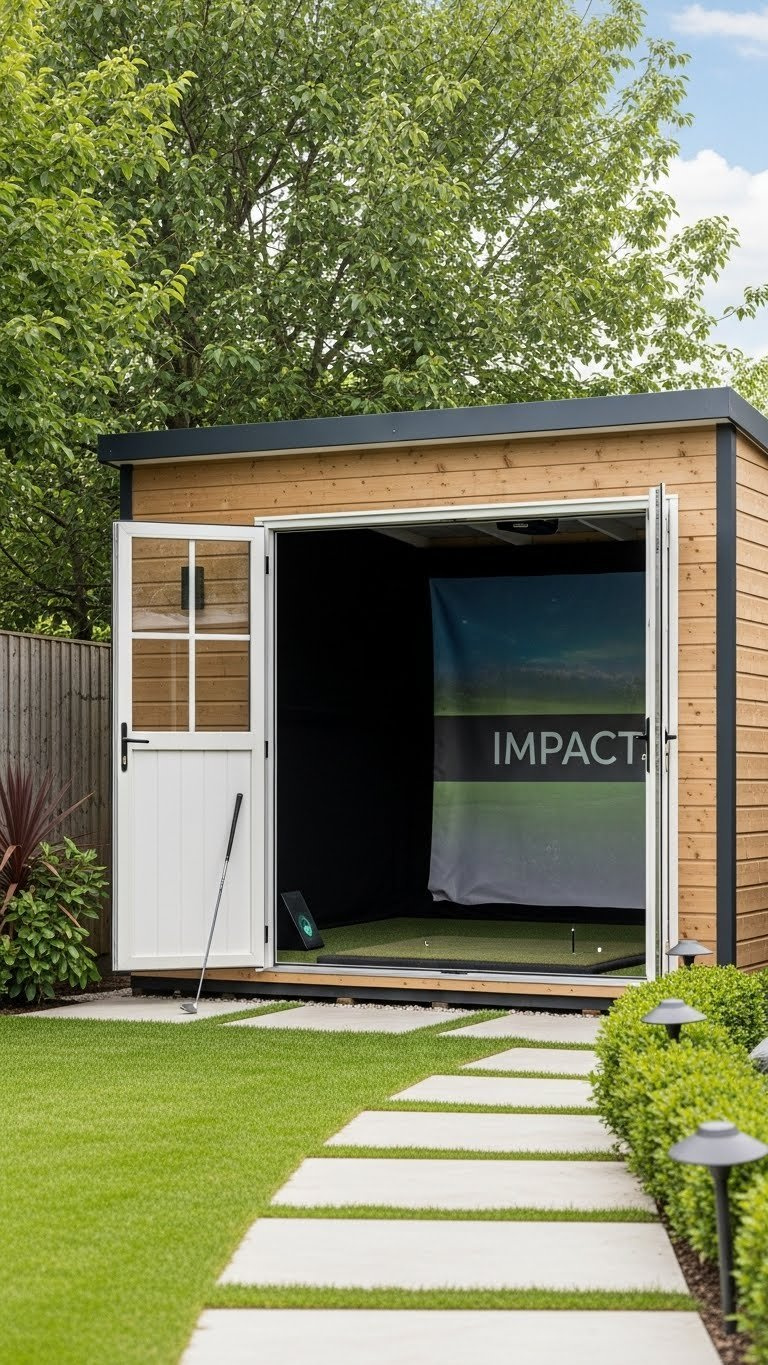 Stylish Backyard Shed Golf Simulator Studio With Impact Screen Visible Through Window, Surrounded By Lush Garden Landscaping