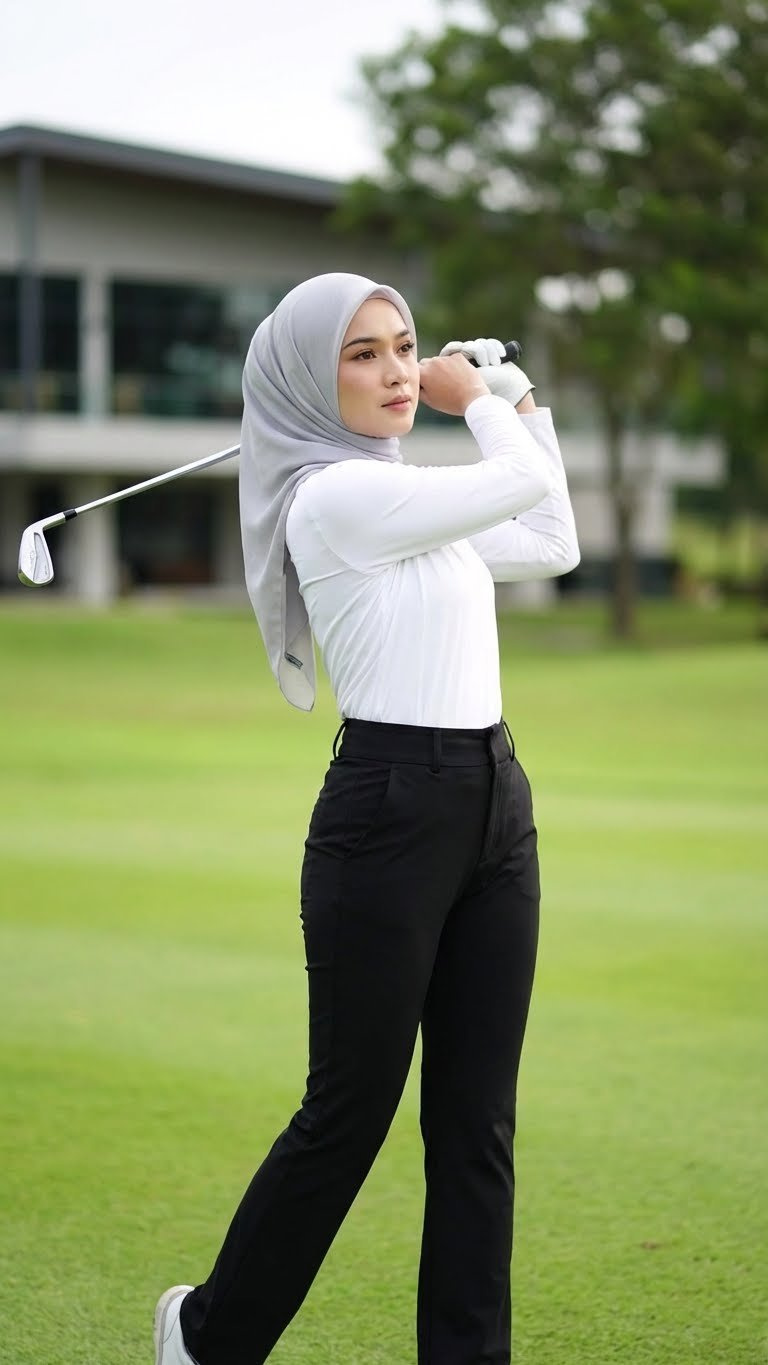 Modest Golfing Outfits For Women: 11 Chic Looks Stylish Female Golfer In Light Grey Sports Hijab, White Long Sleeve Shirt, Black High Waist Golf Pants, On Course.