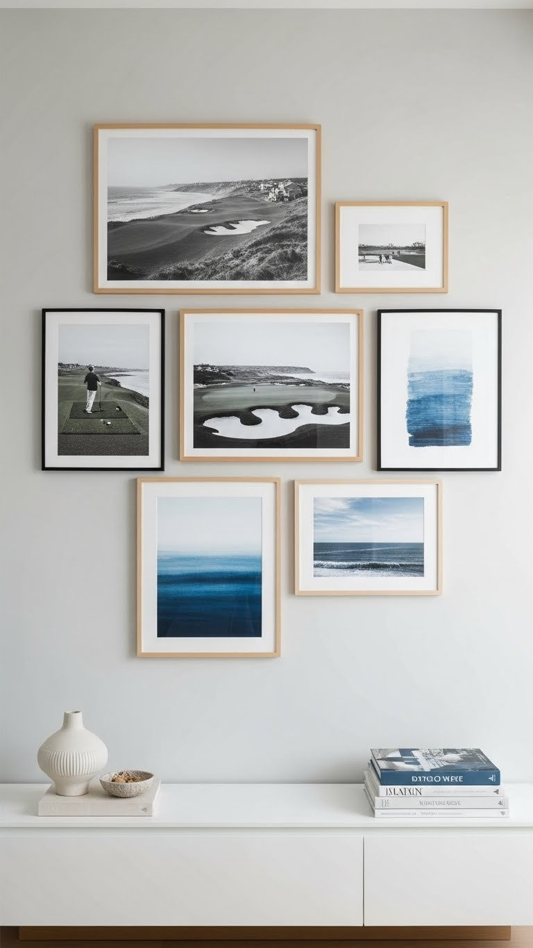 Stylish Gallery Wall With Framed Coastal Golf Course Photos And Minimalist Abstract Art On Light Gray Wall