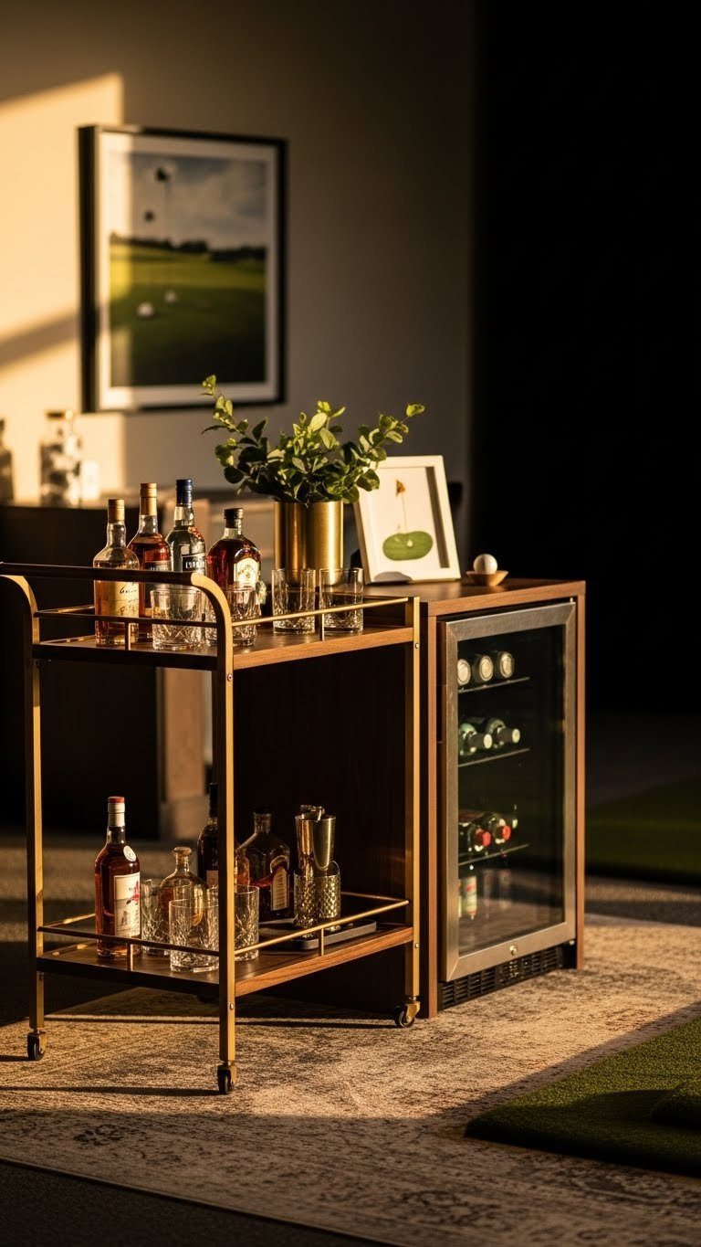 Stylish Golf Entertainment Room With Dark Wood Bar Cart Stocked With Spirits And Glassware Near Lounge Area.